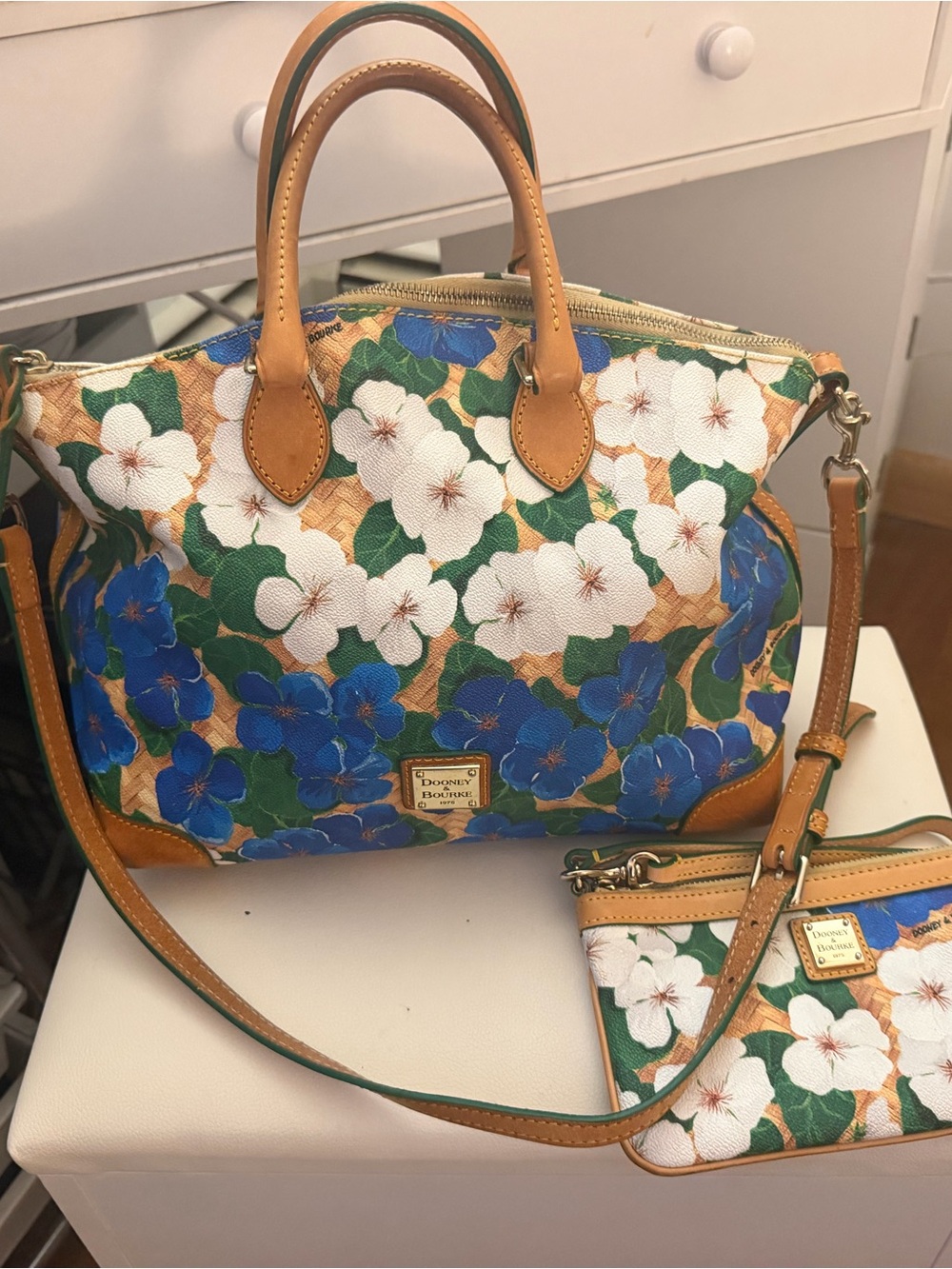 Dooney & Bourke Blue, White & Green Floral Leather Satchel with Tan Trim